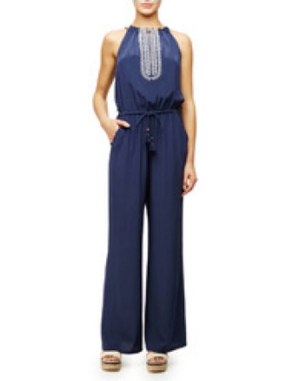 Tory Burch Silk Navy Halter Embroidered Drawstring Wide-Leg Jumpsuit